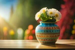 uma vaso com branco flores sentado em uma mesa. gerado por IA foto