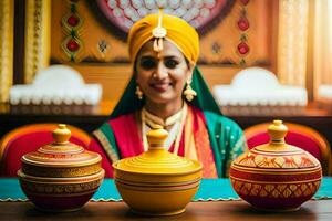 uma mulher dentro tradicional indiano vestuário senta dentro frente do três colorida potes. gerado por IA foto