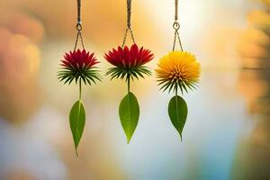 três colorida flores suspensão a partir de uma corda. gerado por IA foto