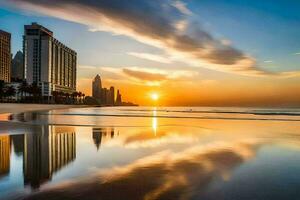 a Sol conjuntos sobre a de praia e edifícios dentro dubai. gerado por IA foto