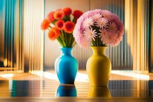 dois vasos com flores dentro eles em uma mesa. gerado por IA foto