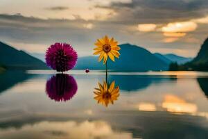 dois flores estão refletido dentro a água. gerado por IA foto