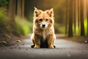 uma cachorro sentado em a estrada dentro a madeiras. gerado por IA foto
