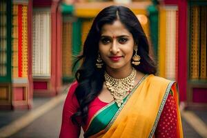 a indiano mulher dentro uma colorida sári. gerado por IA foto