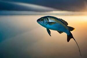 uma peixe é vôo sobre a água às pôr do sol. gerado por IA foto