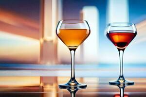 dois óculos do vinho em uma mesa. gerado por IA foto