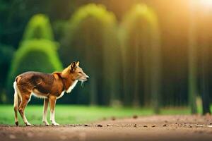 uma cachorro é em pé em uma sujeira estrada dentro frente do árvores gerado por IA foto