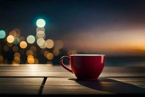 uma vermelho café copo senta em uma de madeira mesa dentro frente do uma cidade Horizonte. gerado por IA foto