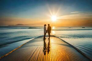 casal em pé em a de praia às pôr do sol. gerado por IA foto