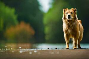 uma cachorro em pé em a lado do uma estrada. gerado por IA foto