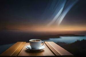 uma copo do café em uma mesa com uma Visão do a céu. gerado por IA foto