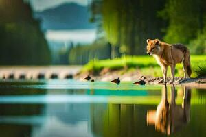 uma Lobo em pé em a costa do uma lago. gerado por IA foto