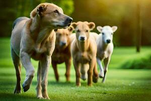 uma grupo do cachorros corrida dentro a grama. gerado por IA foto