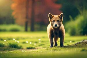 uma cachorro é em pé dentro a Relva dentro frente do uma árvore. gerado por IA foto