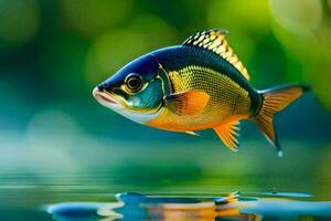 uma peixe é vôo sobre água com uma verde fundo. gerado por IA foto