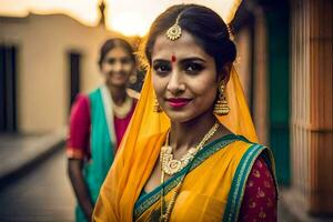 uma mulher dentro uma sari poses para a Câmera. gerado por IA foto