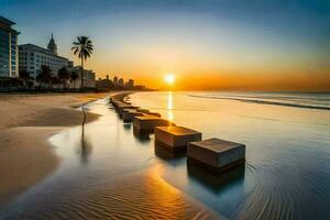 a Sol conjuntos sobre a de praia dentro Havana. gerado por IA foto