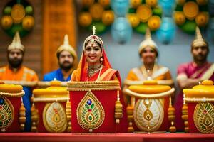 uma mulher dentro tradicional indiano vestuário é sentado dentro frente do uma grupo do pessoas. gerado por IA foto