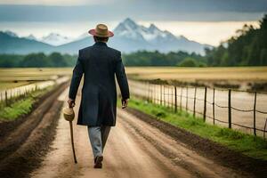 uma homem dentro uma terno e chapéu caminhando baixa uma sujeira estrada. gerado por IA foto