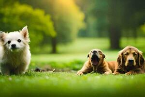 três cachorros deitado em a Relva dentro uma parque. gerado por IA foto