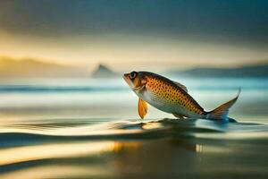 uma peixe é natação dentro a oceano às pôr do sol. gerado por IA foto