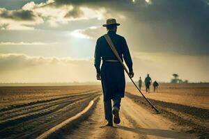 uma homem caminhando dentro a meio do uma campo com uma grudar. gerado por IA foto