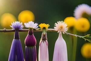 quatro diferente colori flores estão suspensão a partir de uma ramo. gerado por IA foto