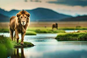 uma leão é em pé dentro a Relva Próximo para uma rio. gerado por IA foto