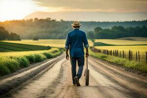 homem caminhando baixa uma sujeira estrada com uma guitarra. gerado por IA foto