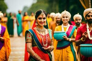 uma mulher dentro tradicional indiano vestuário é cercado de de outros mulheres. gerado por IA foto