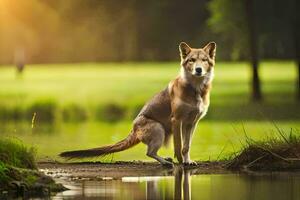 uma cachorro em pé em a Beira do uma lago. gerado por IA foto