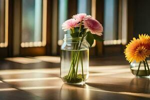 dois vasos com flores sentado em uma de madeira mesa. gerado por IA foto