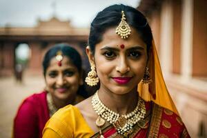 dois mulheres dentro tradicional indiano traje. gerado por IA foto