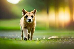 uma pequeno cachorro caminhando em a Relva dentro a luz solar. gerado por IA foto