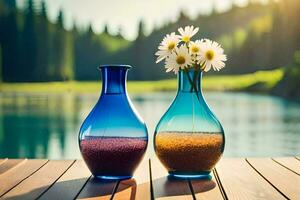 dois vasos com flores sentado em uma de madeira mesa. gerado por IA foto