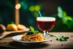 espaguete com tomate molho e uma vidro do vinho. gerado por IA foto