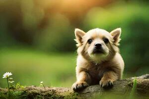 uma cachorro sentado em uma registro dentro a grama. gerado por IA foto