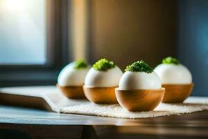 três ovos dentro de madeira taças com verde ervas. gerado por IA foto
