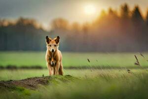 uma cachorro em pé dentro a meio do uma campo. gerado por IA foto