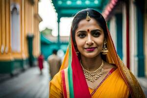 uma lindo indiano mulher dentro tradicional roupas. gerado por IA foto