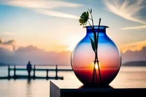 uma vaso com flores em uma doca às pôr do sol. gerado por IA foto