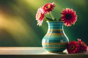 uma vaso com Rosa flores em uma mesa. gerado por IA foto