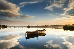 uma barco em uma lago às pôr do sol. gerado por IA foto