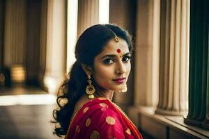 uma lindo indiano mulher dentro uma vermelho sári. gerado por IA foto