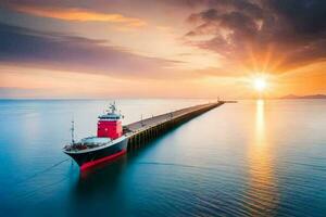 uma ampla navio dentro a oceano às pôr do sol. gerado por IA foto