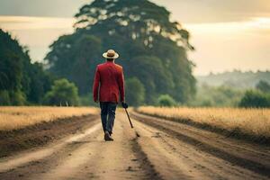 uma homem dentro uma vermelho Jaqueta caminhando baixa uma sujeira estrada. gerado por IA foto