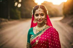 uma lindo indiano noiva dentro uma vermelho sári. gerado por IA foto