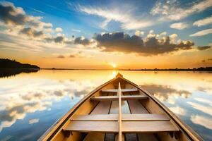 uma barco é flutuando em a água às pôr do sol. gerado por IA foto