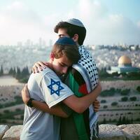 israelense e palestino Adolescência amigos dentro Jerusalém. generativo ai. foto