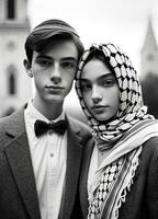 jovem casal dentro amor judaico e palestino harmonia. generativo ai. foto